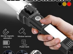 Rechargeable Torch LED Flashlight Long Distance Beam Range with Power Bank, Hammer and Strong Magnets, Window Glass & Seat Belt Cutter 4 Modes for Car Camping Hiking Outdoor