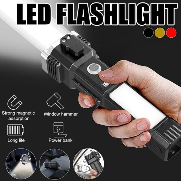 Rechargeable Torch LED Flashlight Long Distance Beam Range with Power Bank, Hammer and Strong Magnets, Window Glass & Seat Belt Cutter 4 Modes for Car Camping Hiking Outdoor