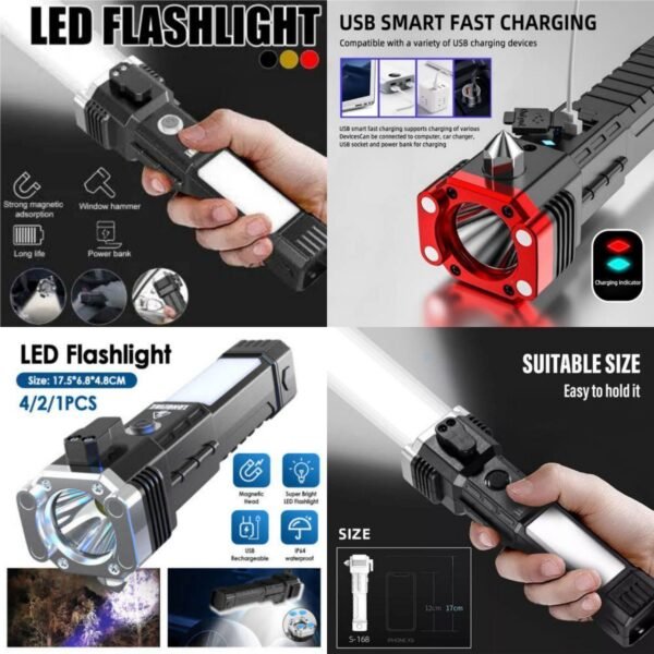 Rechargeable Torch LED Flashlight Long Distance Beam Range with Power Bank, Hammer and Strong Magnets, Window Glass & Seat Belt Cutter 4 Modes for Car Camping Hiking Outdoor