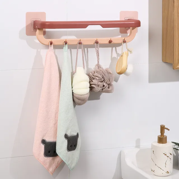 Kitchen Bathroom Folding Towel Shelf Magic Sticker Series Self Adhesive Towel Rack Wall Mounted Double Bar Towel Holder with Hooks Adjustable Towels Hanger Rod